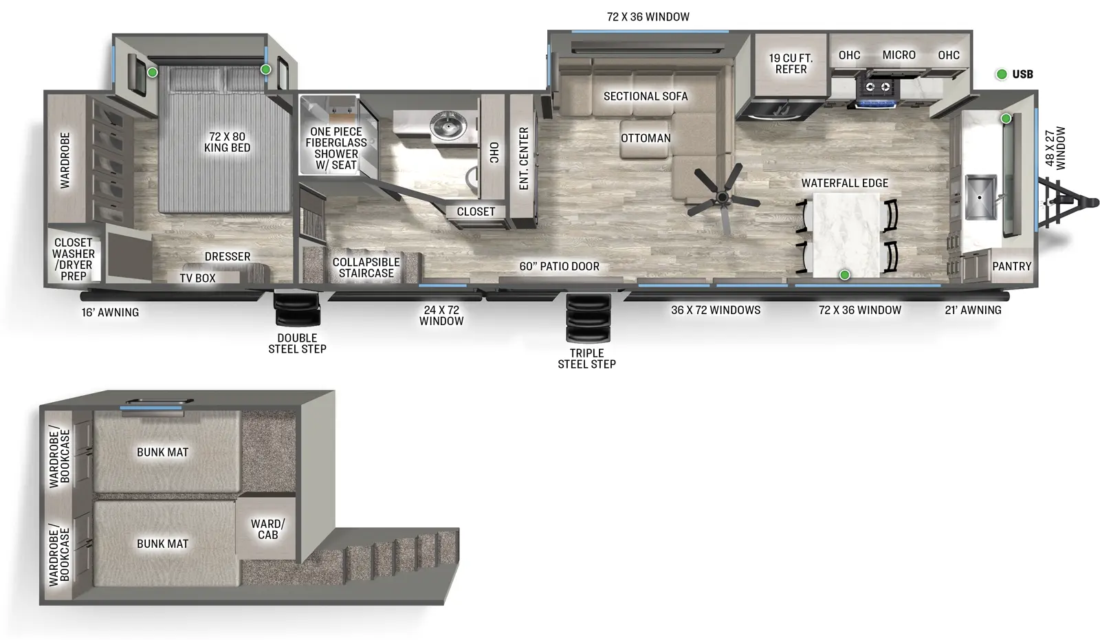 The Sandpiper Destination 421FKL floorplan has two entries and two slide outs. Exterior features include: fiberglass exterior and 17' & 21' awning. Interiors features include: loft, front kitchen, free-standing dinette option and rear bedroom.